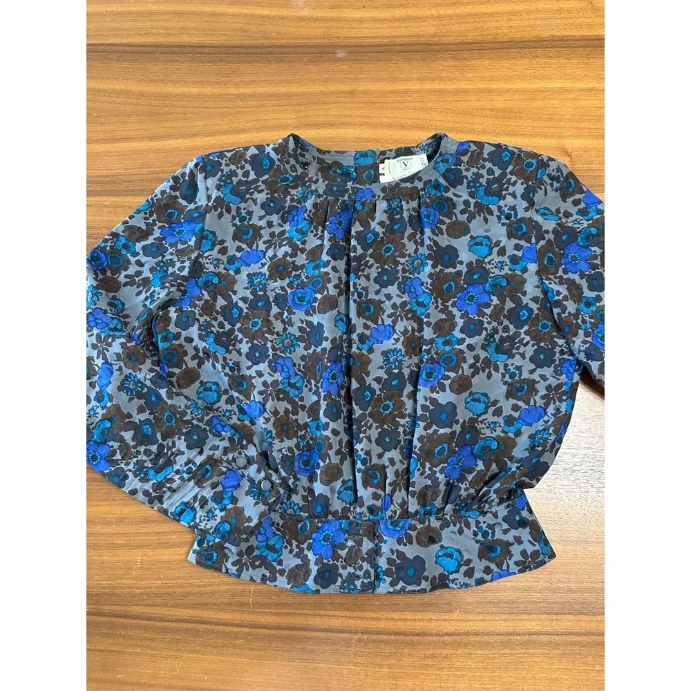 Valentino Miss V Skirt Set 100% Silk Women 8 Blue Brown Floral Pleated Vintage